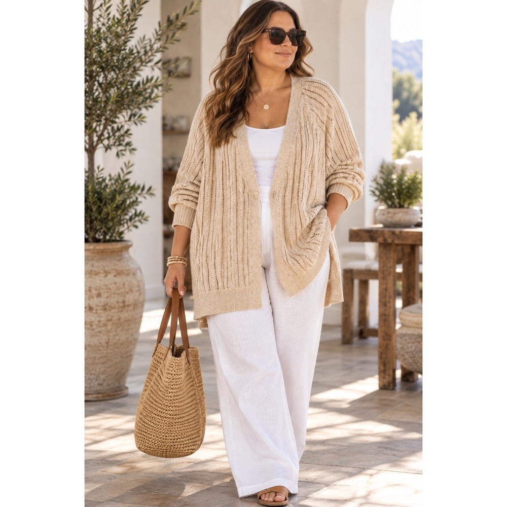 J. Jill Tan Open Stitch Knit Cardigan Sweater V-Neck 2X